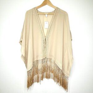 NWT Chicos Ombre Fringe Tie Ruana Cover Up Neutral One Size Poncho Tan Lace
